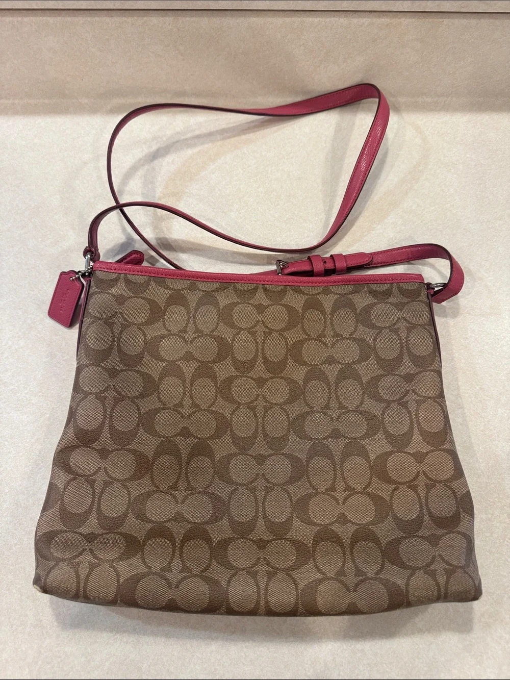 Coach Brown Signature Crossbody with Pink Trim and Strap